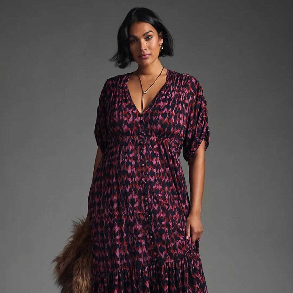 By Anthropologie Printed Ruched-Sleeve Maxi Dress Plus Size 3X